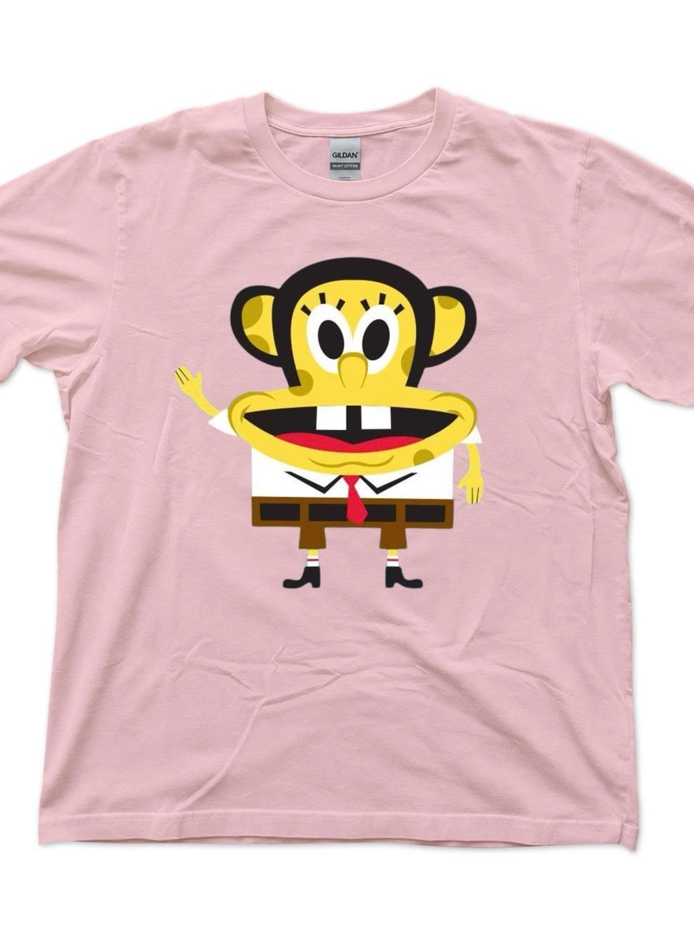 Gildan Men’s Light Pink Tee with Yellow Cartoon Graphic